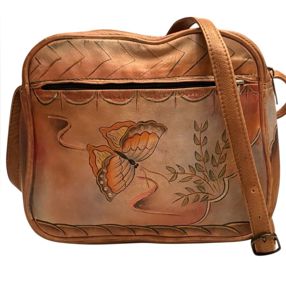 Anuschka Handpainted Leather Handbag Flowers + Butterflies